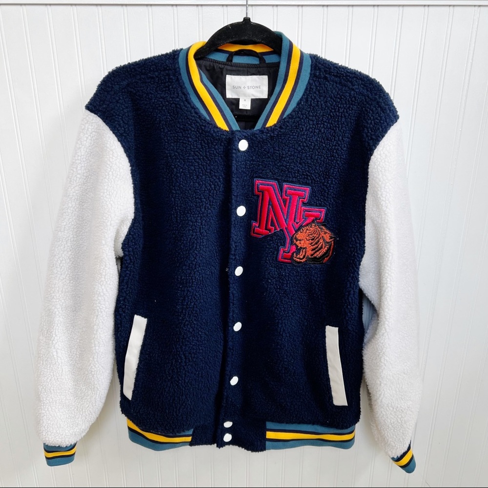 Sun + Stone Navy Blue Robbie Varsity Bomber Jacket Men’s Size Medium